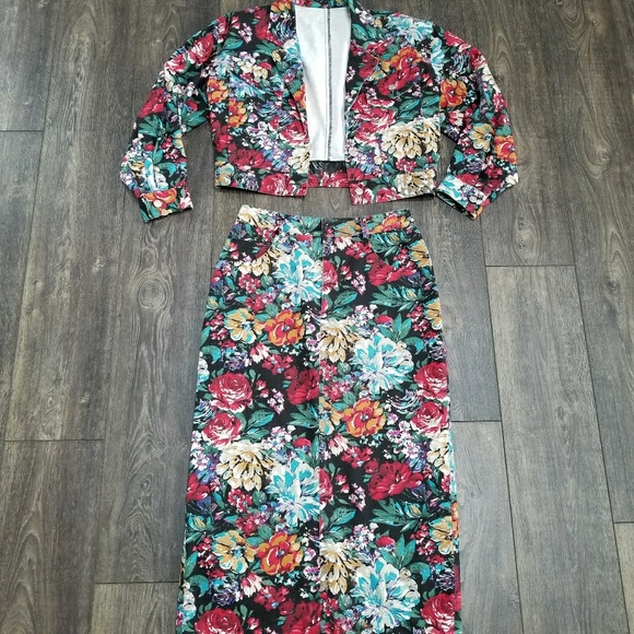 Vintage Dresses & Skirts - Vintage Floral Multicolored Skirt Jacket Set  M/L